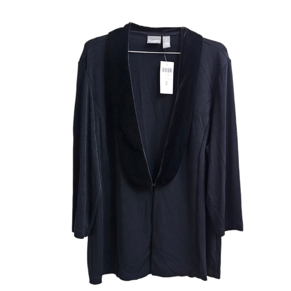 Chicos Travelers Open Cardigan Black Velour Accent Made In USA Size 3
